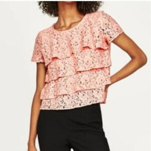 ZARA Basic Collection Peach Ruffle Lace Short Sleeve Blouse Casual sz M